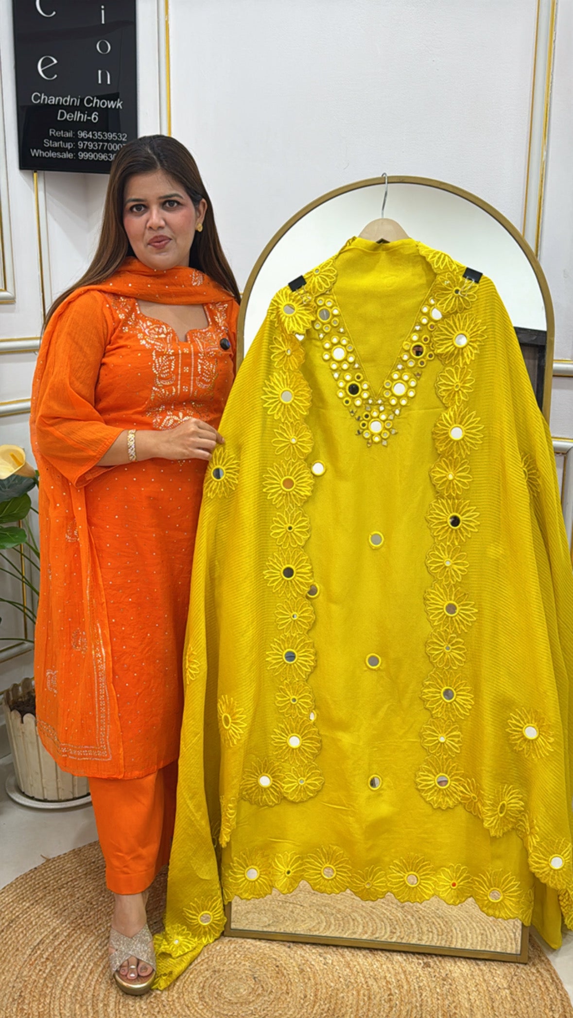 pure shimmer silk suit material with mirror work detailing and weaved dupatta GF 335